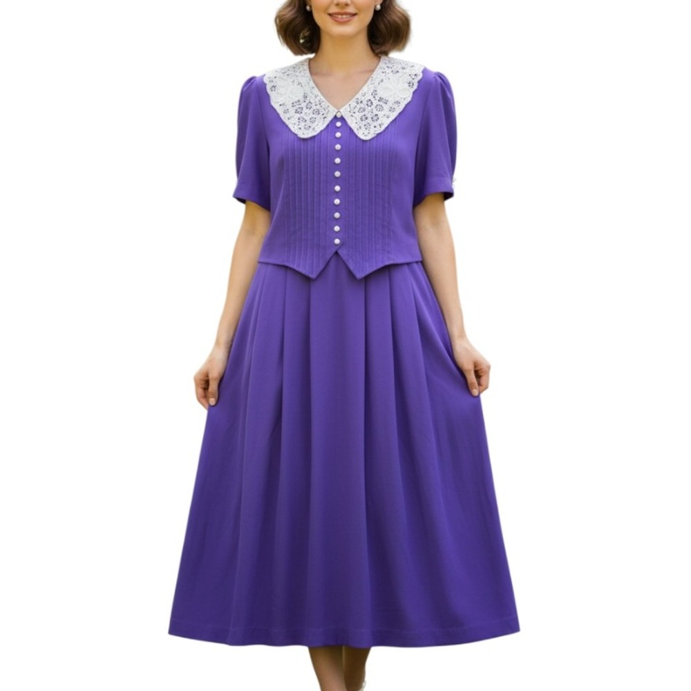 VTG PLAZA SOUTH Purple Rayon PLEATED DRESS White Lace Battenburg COTTAGECORE 8/P